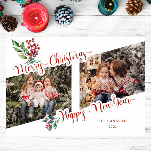 Cool Merry Christmas Calligraphy Holly 2-Photo Holiday Card