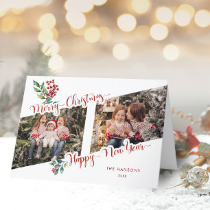 Cool Merry Christmas Calligraphy Holly 2-Photo Holiday Card