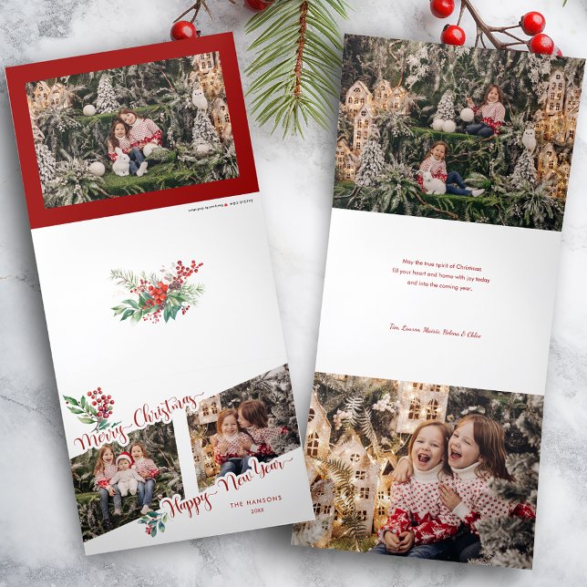 Cool Merry Christmas Calligraphy Holly 2-Photo  Tri-Fold Holiday Card (Creator Uploaded)