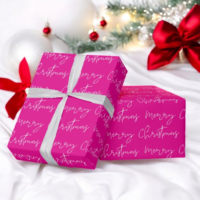 Cool Merry Christmas script font  pink pattern Wrapping Paper (Cool Merry Christmas script font pink pattern Wrapping Paper)