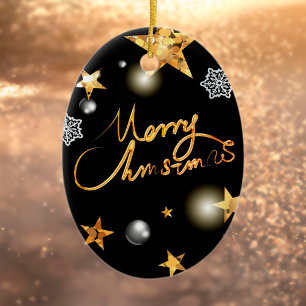 Cool Metallic Gold Black Stars Merry Xmas Script  Ceramic Ornament