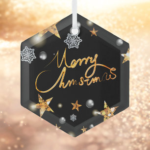 Cool Metallic Gold Black Stars Merry Xmas Script Glass Tree Decoration