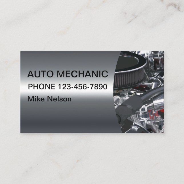 Cool Metallic Look Auto Mechanic Business Card (Front)