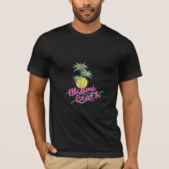 Cool Miami Beach, Florida Palms Graphic Black T-Shirt (Front)