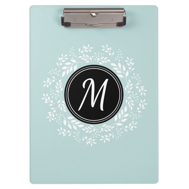 Cool Mint Blue Floral Wreath Custom Monogram Clipboard (Front)