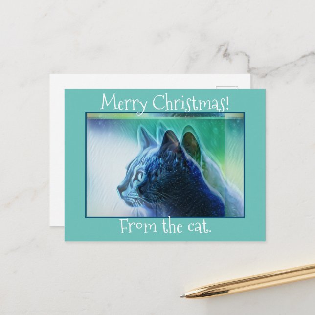 Cool Mint Green Cat Art Merry Christmas Holiday Postcard (Front/Back In Situ)