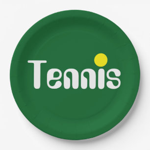 Cool Mod White Yellow TENNIS Text On Dark Green Paper Plate