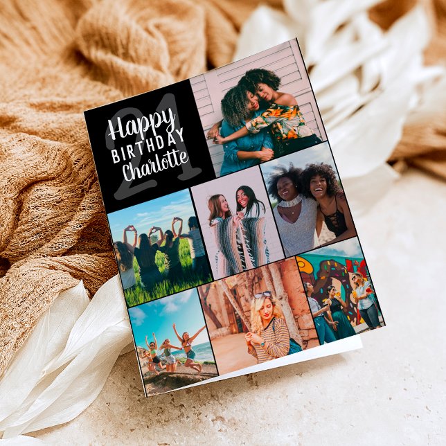 Cool modern black photos collage grid 21 birthday card (Creator Uploaded)