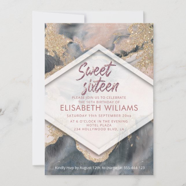 Cool modern blush watercolor wash glittery invitation (Front)