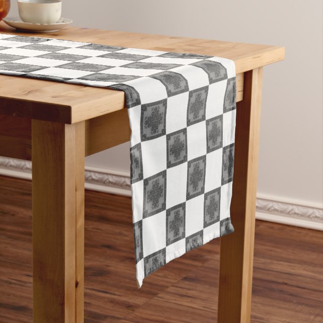 Cool Modern Boho Black and White Pattern Plaid Short Table Runner (In Situ)