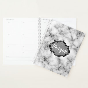 Cool Modern Classic White Marble Pattern Monogram Planner