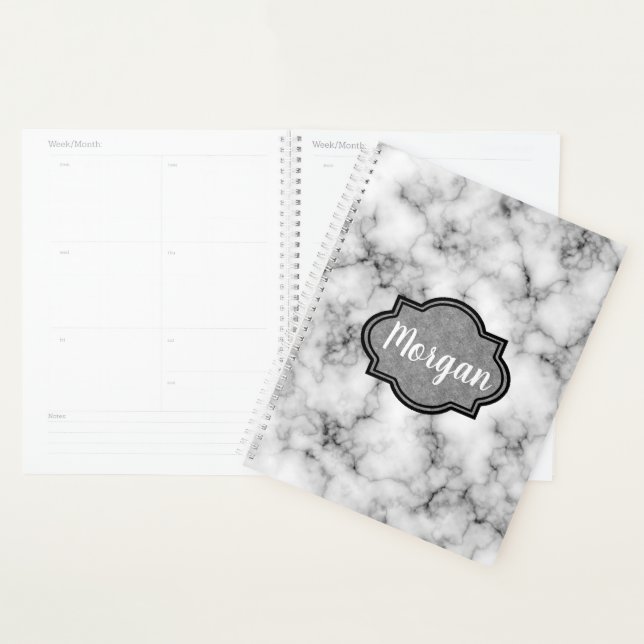 Cool Modern Classic White Marble Pattern Monogram Planner (Display)