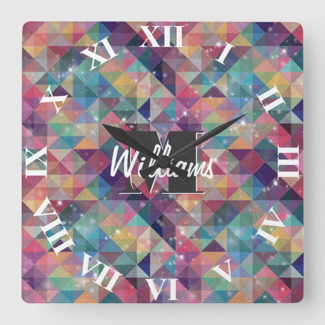 Cool modern colourful triangles geometric pattern square wall clock (Front)