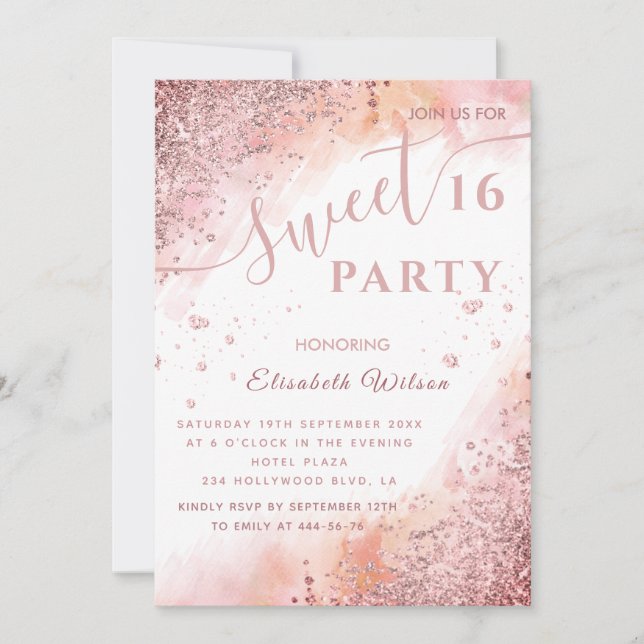 Cool modern diamond luxury rose gold sweet 16 invitation (Front)
