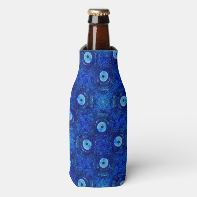 Cool, modern digital art of blue evil eye pattern bottle cooler (Bottle Front)