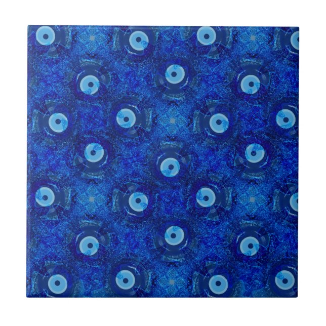 Cool, modern digital art of blue evil eye pattern ceramic tile (Front)