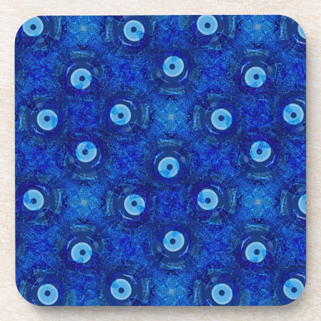 Cool, modern digital art of blue evil eye pattern coaster (Front)