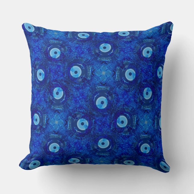 Cool, modern digital art of blue evil eye pattern cushion (Front)
