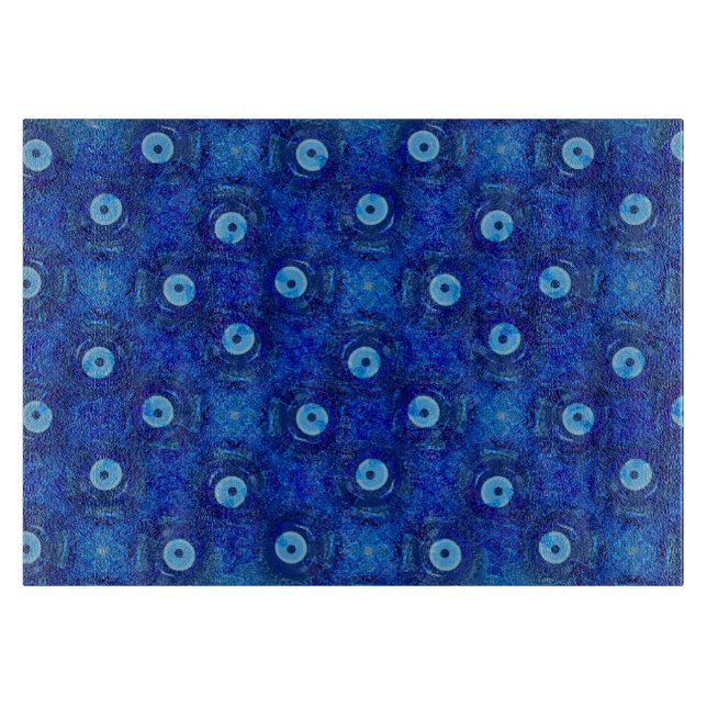Cool, modern digital art of blue evil eye pattern cutting board (Front)