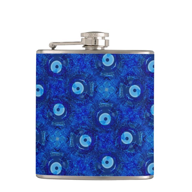 Cool, modern digital art of blue evil eye pattern hip flask (Front)