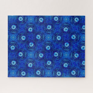 Cool, modern digital art of blue evil eye pattern jigsaw puzzle