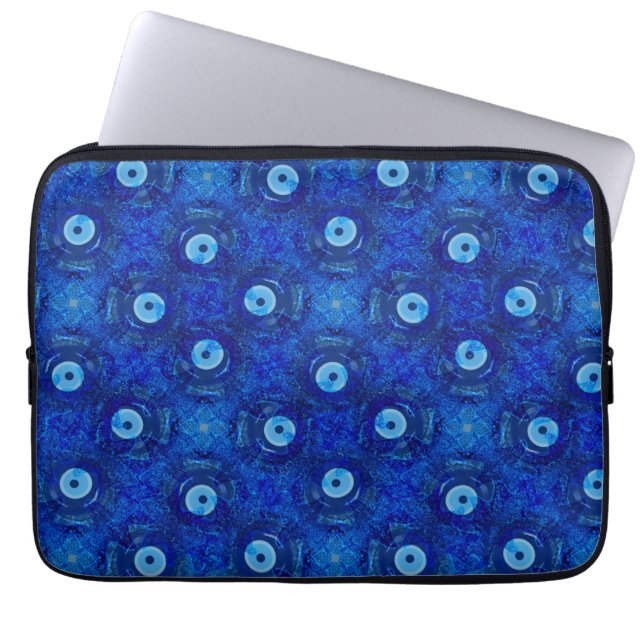 Cool, modern digital art of blue evil eye pattern laptop sleeve (Front)