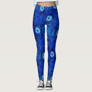 Cool, modern digital art of blue evil eye pattern leggings