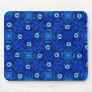 Cool, modern digital art of blue evil eye pattern mouse pad