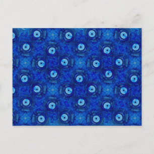 Cool, modern digital art of blue evil eye pattern postcard