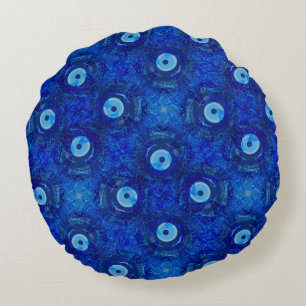 Cool, modern digital art of blue evil eye pattern round cushion
