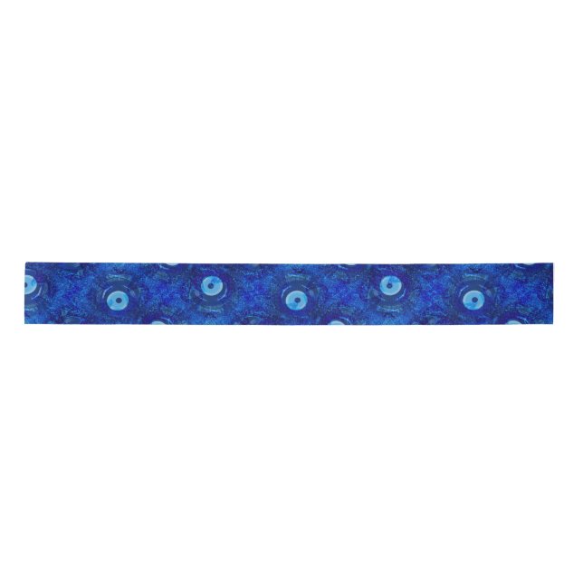 Cool, modern digital art of blue evil eye pattern satin ribbon (Front)
