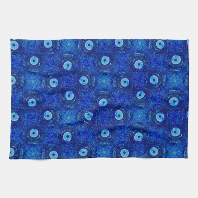 Cool, modern digital art of blue evil eye pattern tea towel (Horizontal)
