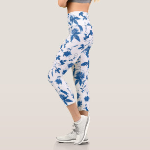 Cool Modern Elegant Blue Floral Toile Capri Leggings