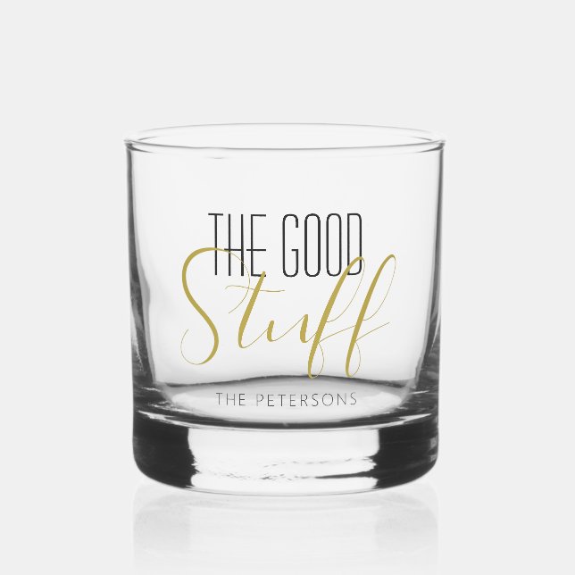 Cool Modern Elegant Good Stuff Gold Black Name Whiskey Glass (Front)
