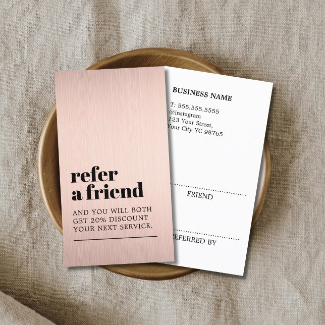 Cool Modern Faux Rose Gold Bold Beauty Salon Referral Card (Creator Uploaded)
