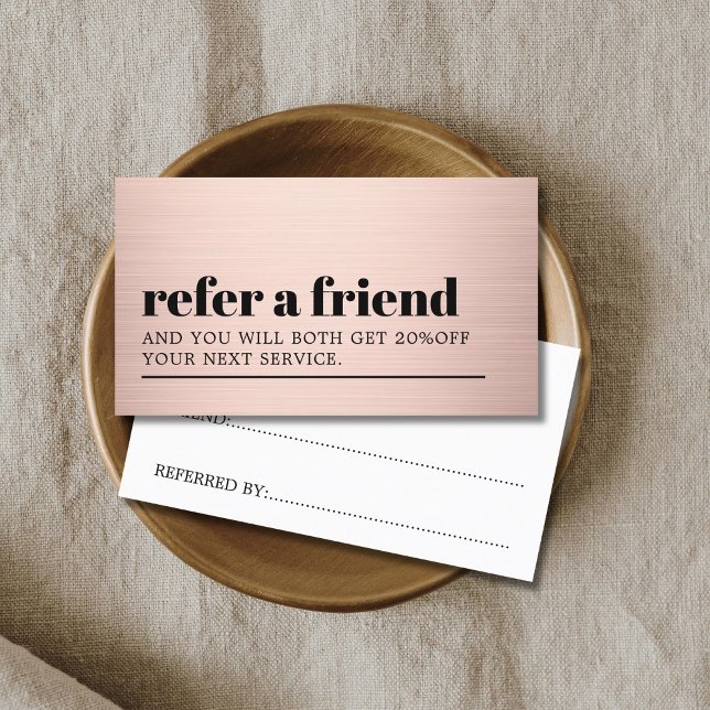 Cool Modern Faux Rose Gold Bold Beauty Salon Referral Card (Creator Uploaded)