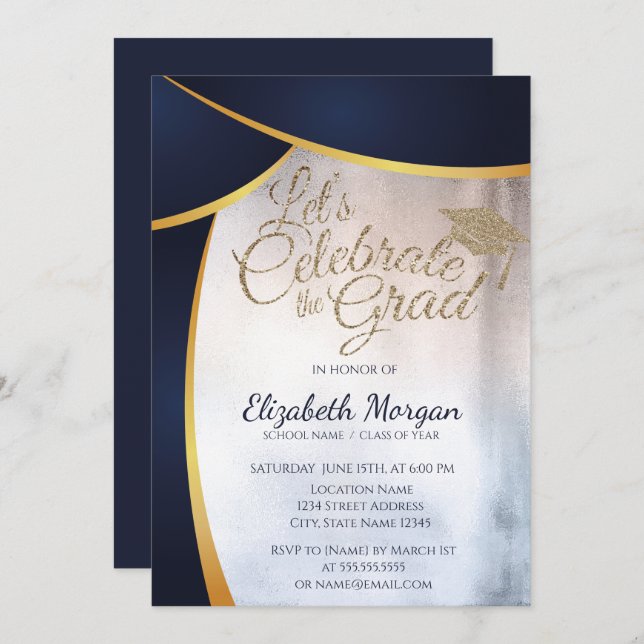Cool Modern Glitter Graduation Cap,Blue Graduation Invitation (Front/Back)