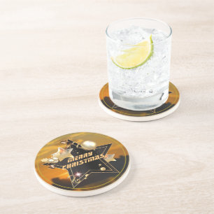 Cool Modern Gold Black Metallic Stars Merry Xmas  Coaster