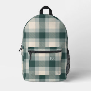Cool Modern Green Check Plaid Monogram Initials Printed Backpack