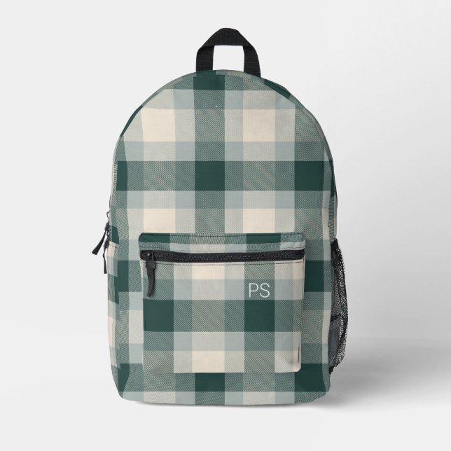 Cool Modern Green Check Plaid Monogram Initials Printed Backpack (Front)