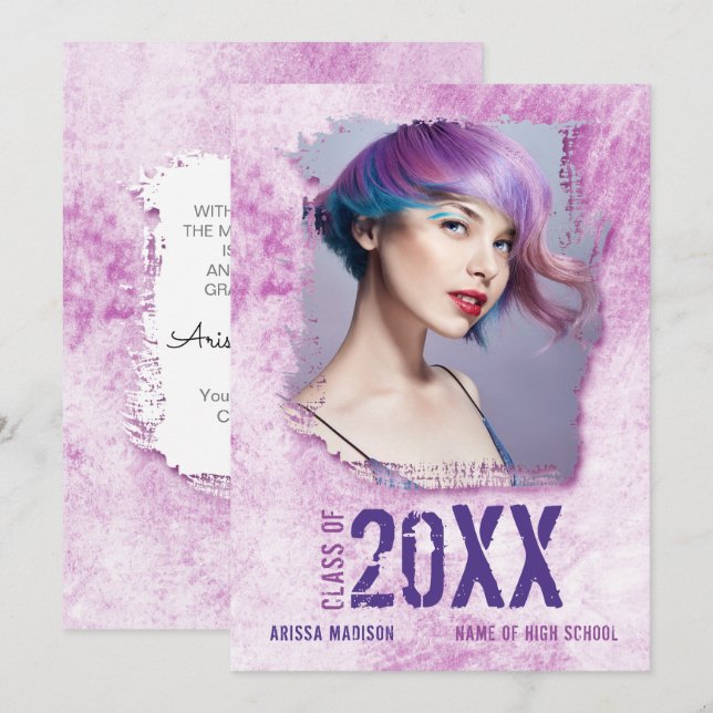 Cool Modern Grunge 2 Sided Photo Pink Purple Grad Announcement (Front/Back)