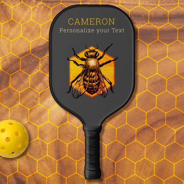 Cool Modern Honey Bee Logo Grey Yellow Custom Text Pickleball Paddle (Creator Uploaded)