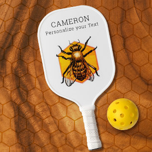 Cool Modern Honey Bee Logo White Personalised Text Pickleball Paddle