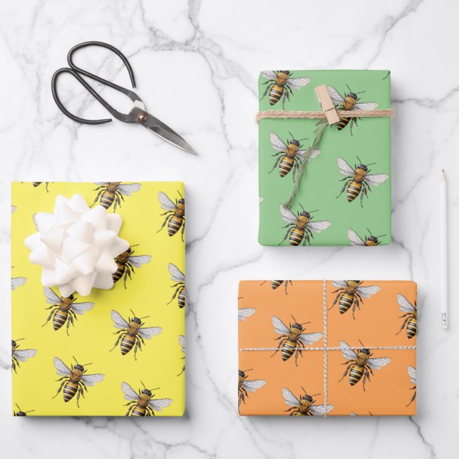 Cool Modern Honey Bee Pattern Yellow Orange Sage Wrapping Paper Sheet (Front)