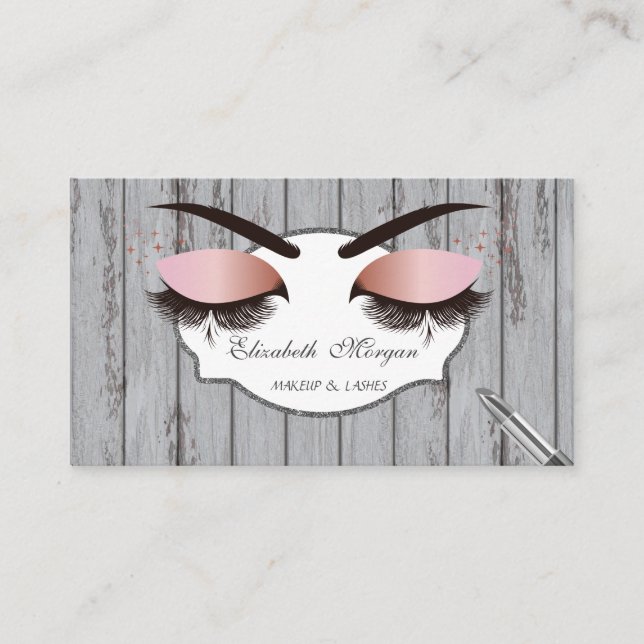 Cool Modern,Lashes,Lipstick, Wood Texture Business Card (Front)