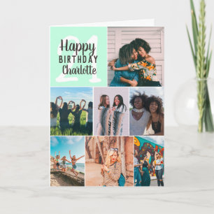Cool modern mint photos collage grid 21 birthday card