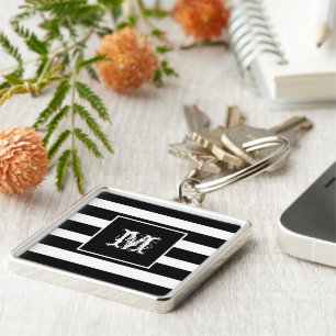 Cool Modern Monogram Chic Black & White Striped Key Ring