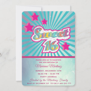 Cool modern super star typography pink blue invitation