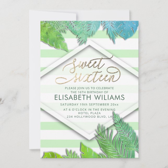 Cool modern tropical leaves stripes glittery invitation (Front)
