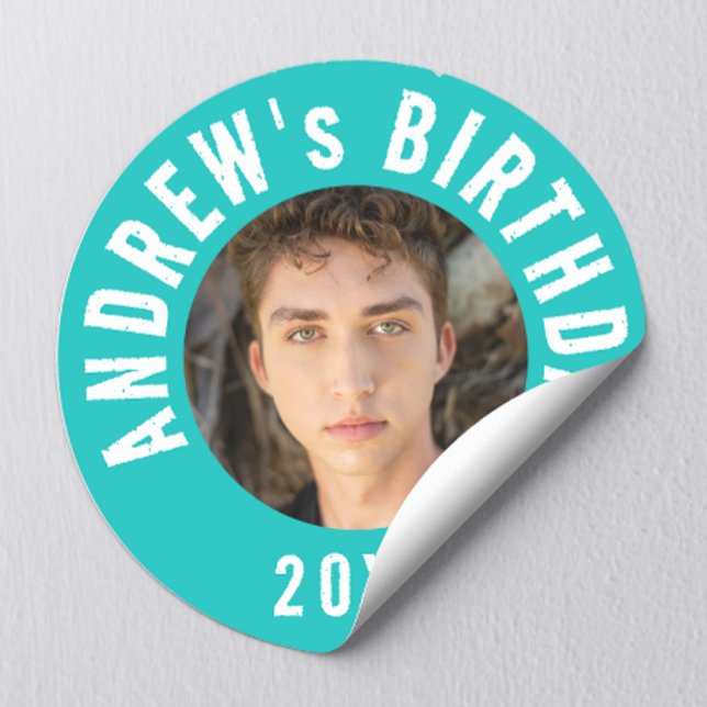 Cool Modern Turquoise Photo Birthday Party Classic Round Sticker (Creator Uploaded)